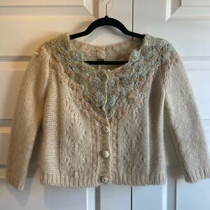 Free People Cream Embroidered Knit Cardigan